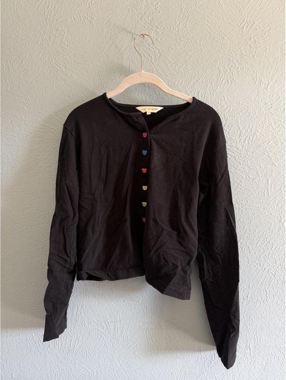 Teddy Fresh black long sleeve button up cardigan shirt with multicolored teddy